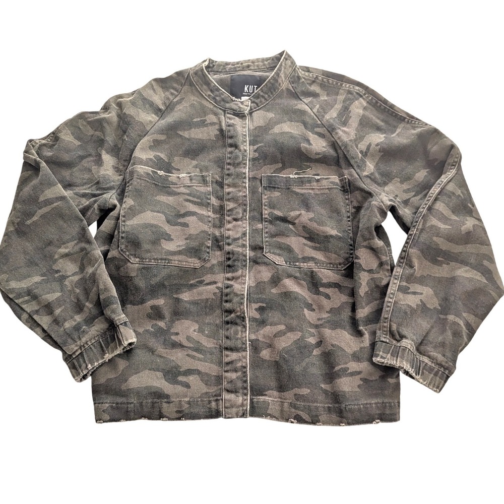 KUT from the Kloth Camo Utility Denim Jacket Wmns Sz M Green Gray Twill Military